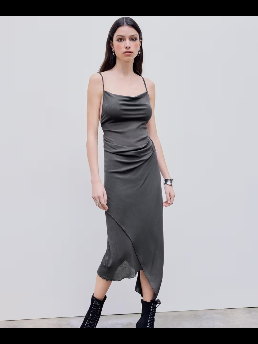 Cider Grey Mesh Asymmetrical Hem Ruched Midi Dress